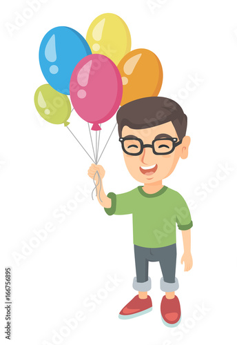 Caucasian smiling happy boy with the bunch of colorful air balloons in his hand. Cheerful boy holding the bunch of balloons. Vector sketch cartoon illustration isolated on white background.