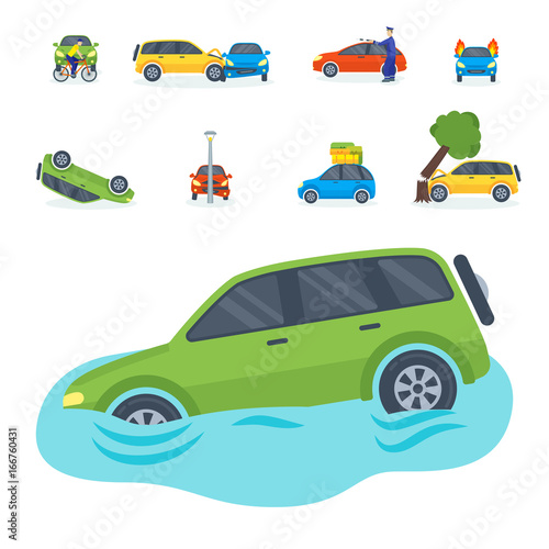 Car crash collision traffic insurance safety automobile emergency disaster and emergency repair transport vector illustration.