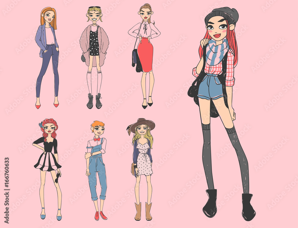 Fashion look girl beautiful girl woman female pretty young model style lady character vector illustration