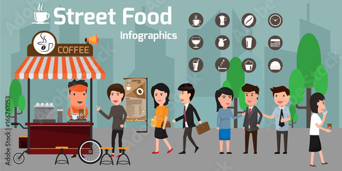 Vector of street food coffee cart/shop and espresso machine with many customer. Coffee icons vector illustration.