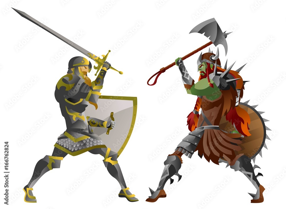 fantasy knight with sword fighting a green orc troll monster - obrazy, fototapety, plakaty 