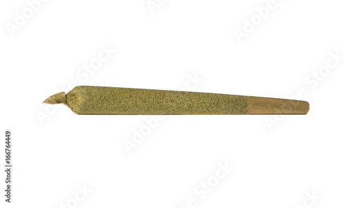 Premium marijuana joint isolated on white background (crushed leaf rolled and dipped in honey oil then rolled in kief resulting in a potent cone shaped joint) photo