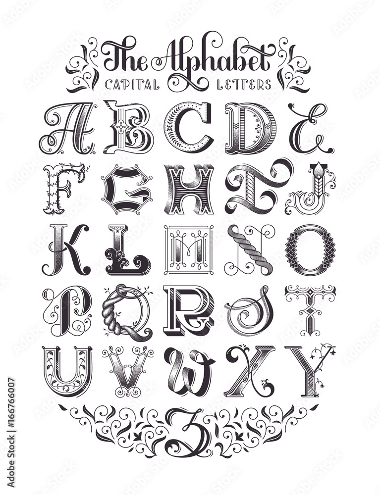 Decorative vintage alphabet. Original high-detalized capital letters. Typographic poster. EPS 10 vector illustration.