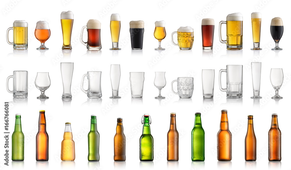Set of different beer bottles and glasses isolated on white background Set of different beer bottles and glasses isolated on white background