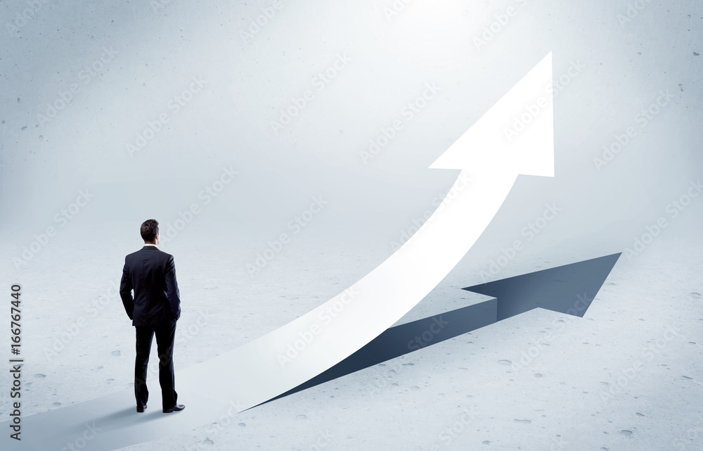 Arrow pointing up with standing salesman Arrow pointing up with standing salesman