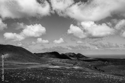 Black and white landscape of ancient volcanoes, Lanzarote, Canary Islands