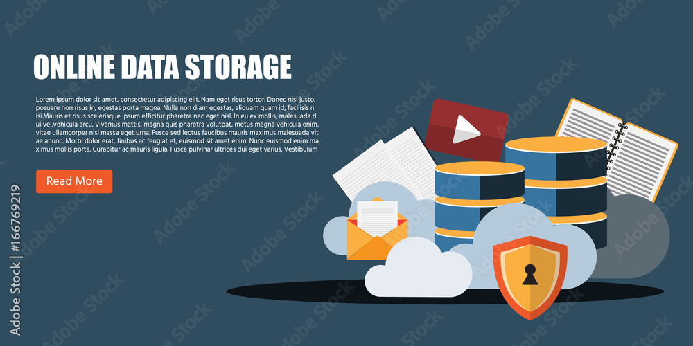 ONLINE Data Storage, Cloud data store Concept, Modern Flat designed