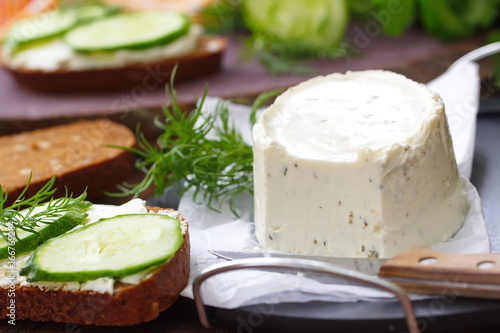 Photography Delicious soft cheese with greens