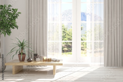 Fototapeta Naklejka Na Ścianę i Meble -  White empty room with table and  summer landscape in window. Scandinavian interior design. 3D illustration