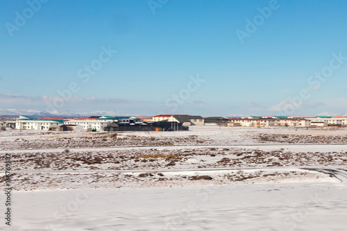 Iceland small village in winter season with clear blue sky background photo