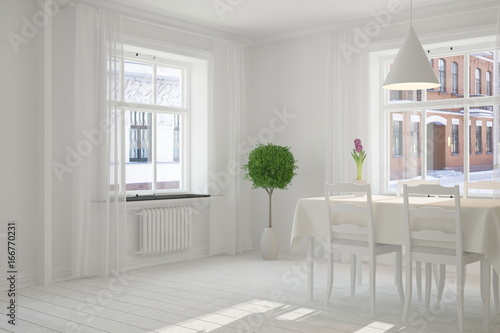 White modern dinner room. Scandinavian interior design. 3D illustration