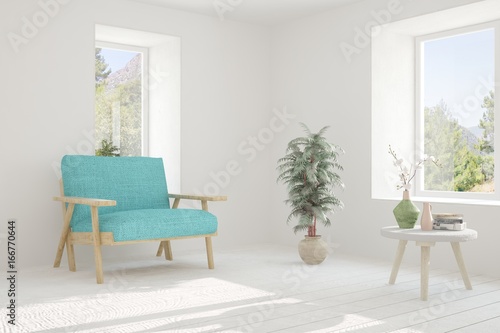 Idea of white room with armchair and green landscape in window. Scandinavian interior design. 3D illustration © AntonSh