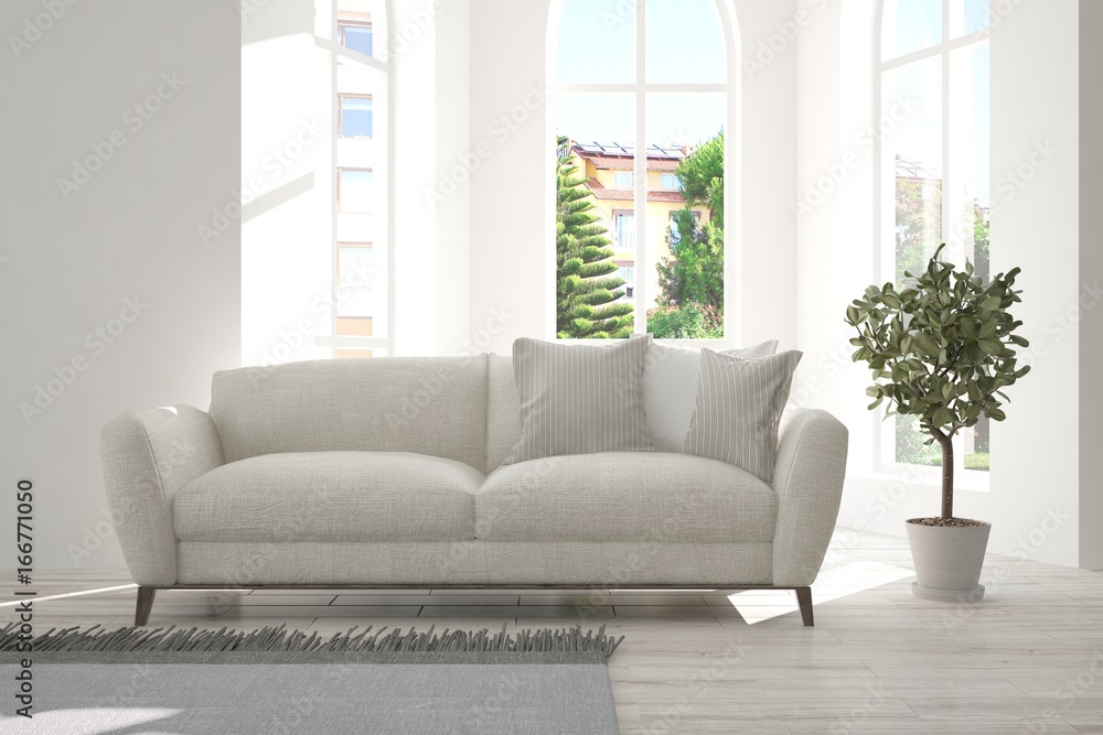 White minimalist room with sofa. Scandinavian interior design. 3D illustration White minimalist room with sofa. Scandinavian interior design. 3D illustration