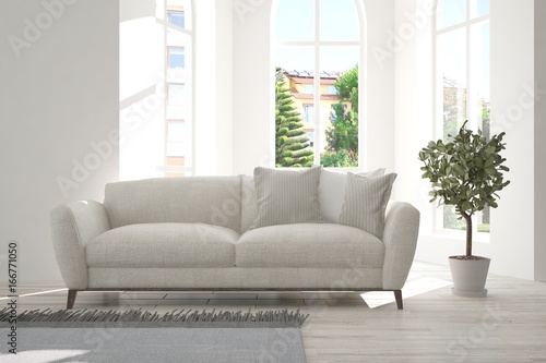 White minimalist room with sofa. Scandinavian interior design. 3D illustration