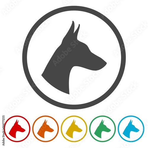 Doberman dog silhouette, side view, vector icons set