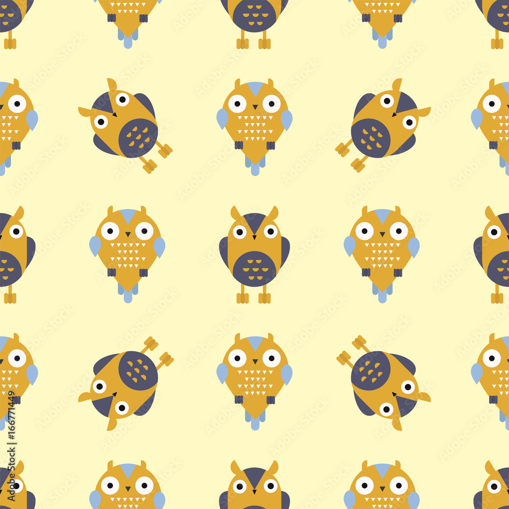 Obraz premium Cartoon owl bird cute character seamless pattern sleep sweet owlet vector illustration.