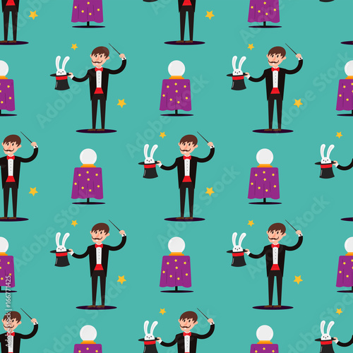 Magician prestidigitator illusionist character tricks seamless pattern vector illustration magic conjurer show cartoon man