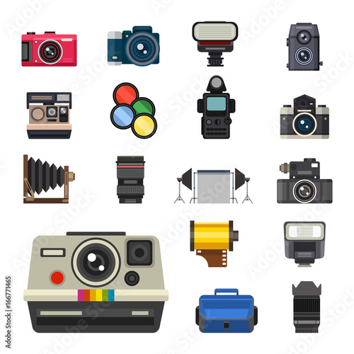Camera photo optic lenses set different types objective retro photography equipment professional look vector illustration