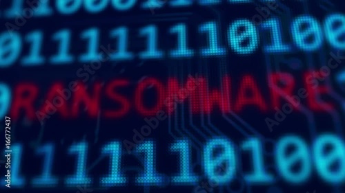 Ransomware red text between binary data background blue screen with depth of field in 4k
