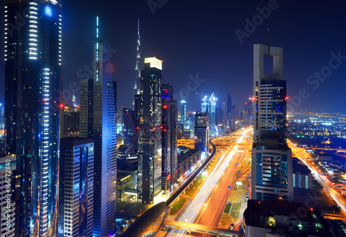 Elevated cityscape of Sheikh Zayed Road in Dubai at night