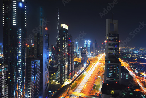 Elevated cityscape of Sheikh Zayed Road in Dubai at night © WaitforLight