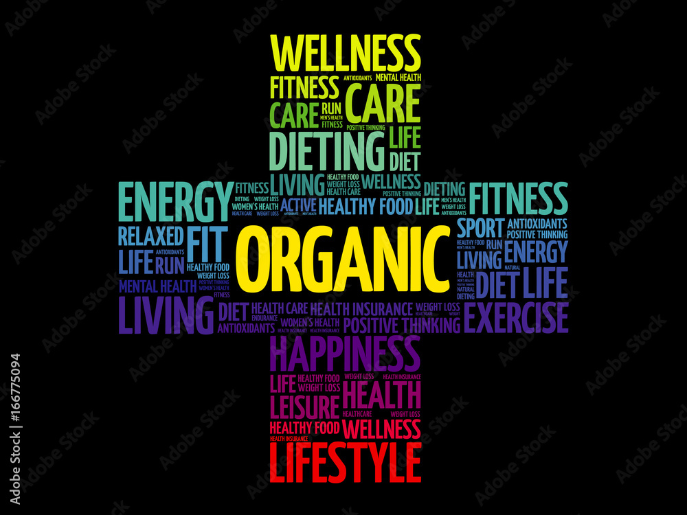 ORGANIC word cloud collage, health cross concept