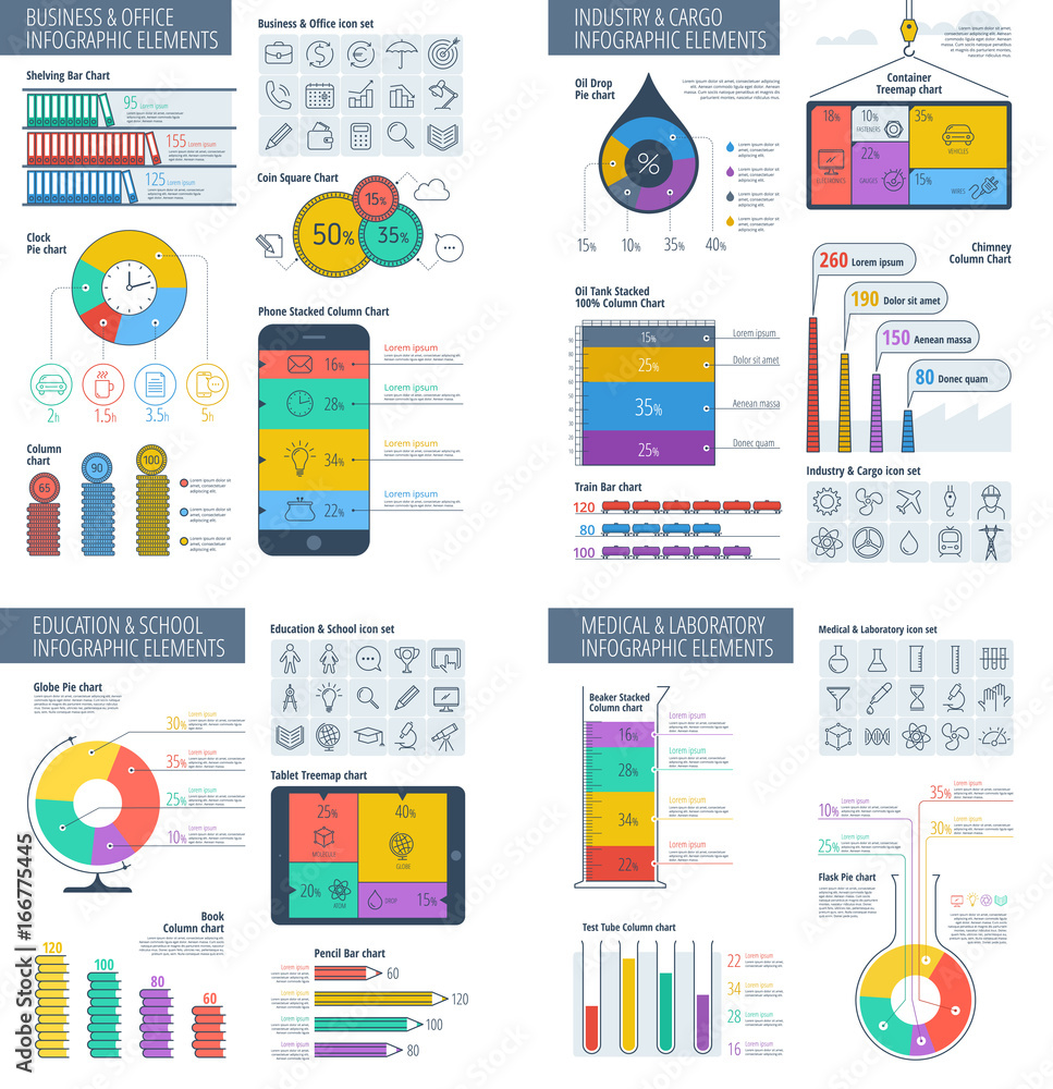 Business, education, industry and science infographic set. Office, school, medical and laboratory infographics template. Flat line vector design elements for web, presentations, social media.