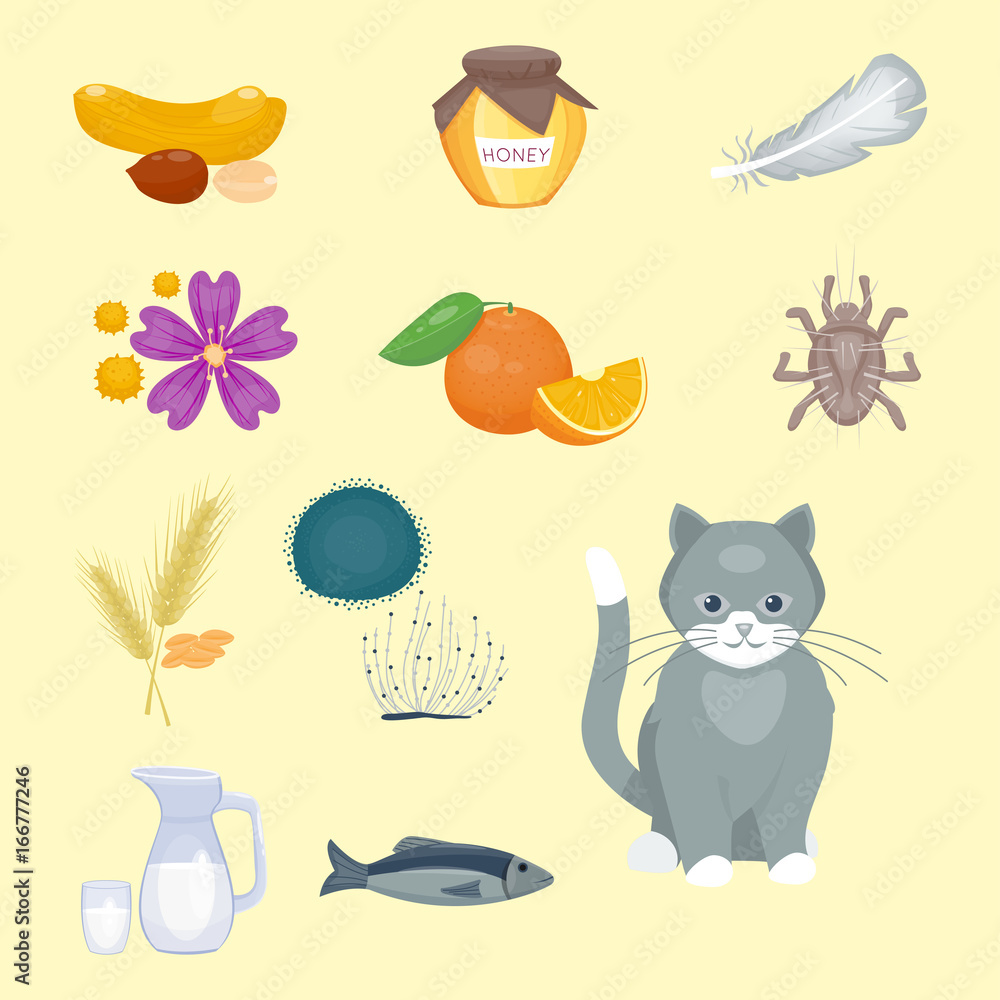 Naklejka premium Allergy symbols disease healthcare food viruses health flat illness allergen symptoms disease information vector illustration.