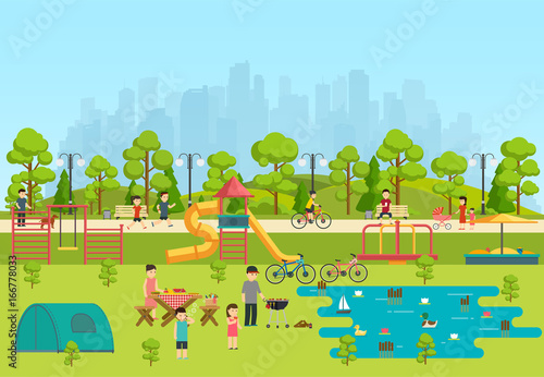 Public park with a playground and a lake, Camping in park.