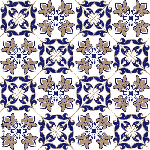 Seamless patchwork pattern from Moroccan ,Portuguese tiles in blue and brown colors. Decorative ornament can be used for wallpaper, backdrop, fabric, textile, wrapping paper