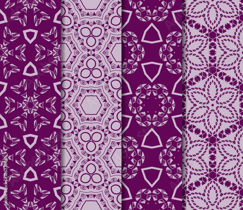 set of 4 Seamless vector texture with an abstract pattern of intertwined curves, geometric shapes in floral style. For the design of greeting cards, gift packages, textile industry. purple color