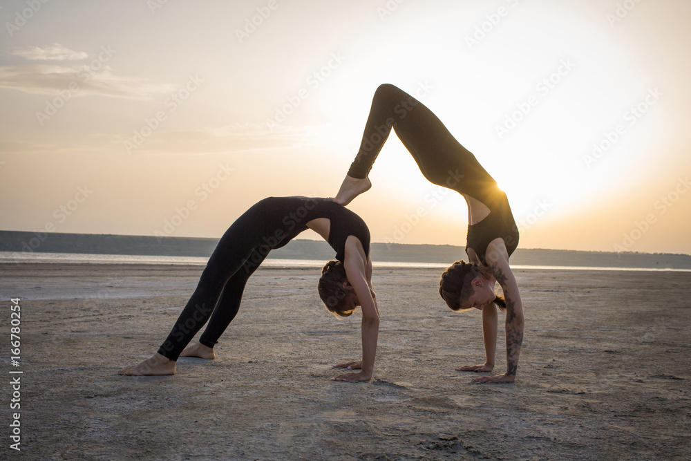 Young Couple Practicing Acroyoga On Mat In Gym Together. Man And Woman  Doing Dog Yoga Pose, Copy Space. Partner Yoga, Trust, Balance Concept Stock  Photo, Picture and Royalty Free Image. Image 96292171.