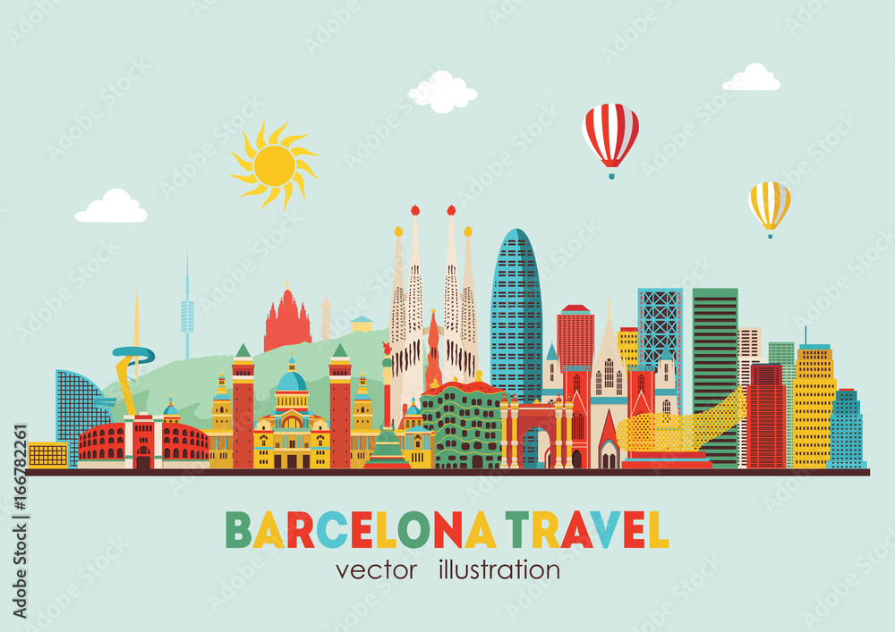 Fototapeta premium Szczegółowa sylwetka panoramę Barcelony. Ilustracja wektorowa - wektor zapasów