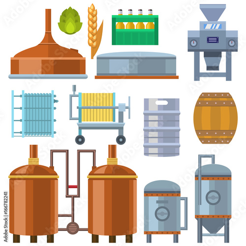 Beer brewing process alcohol factory production equipment mashing boiling cooling fermentation vector illustration.