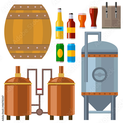 Beer brewing process alcohol factory production equipment mashing boiling cooling fermentation vector illustration.