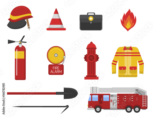 Fire safety equipment emergency tools firefighter safe danger accident protection vector illustration.