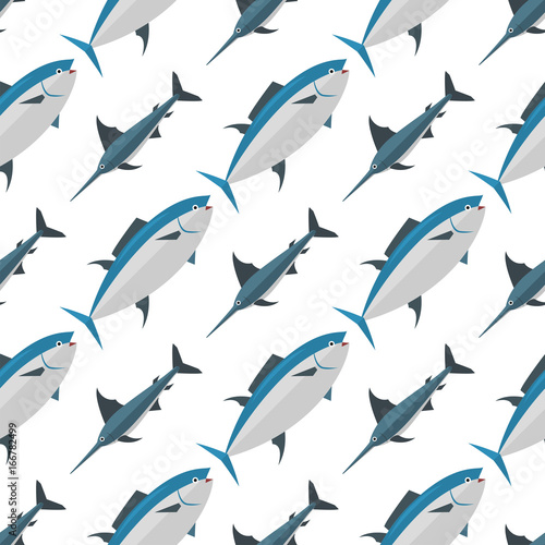 Sea tuna fish animal nature food seamless pattern ecology shark environment tropical natural thunnus vector illustration.