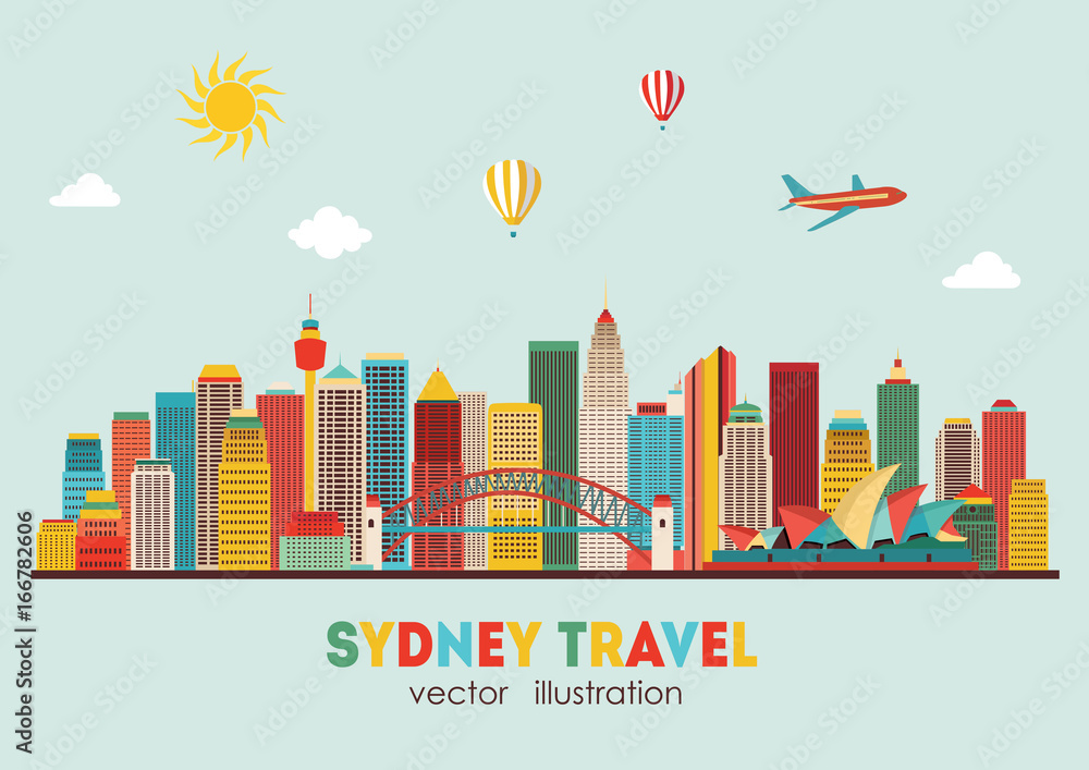 Sydney (Australia) city skyline vector background. Flat trendy illustration. - stock vector
