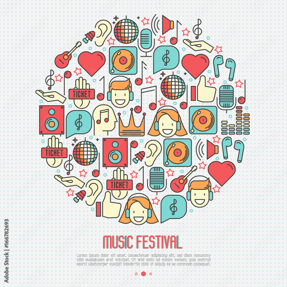 Music festival concept in circle with thin line icons DJ in headphones, vinyl player, disco ball, microphone, tickets. Vector illustration for banner, web page, flyer. Music festival concept in circle with thin line icons DJ in headphones, vinyl player, disco ball, microphone, tickets. Vector illustration for banner, web page, flyer.