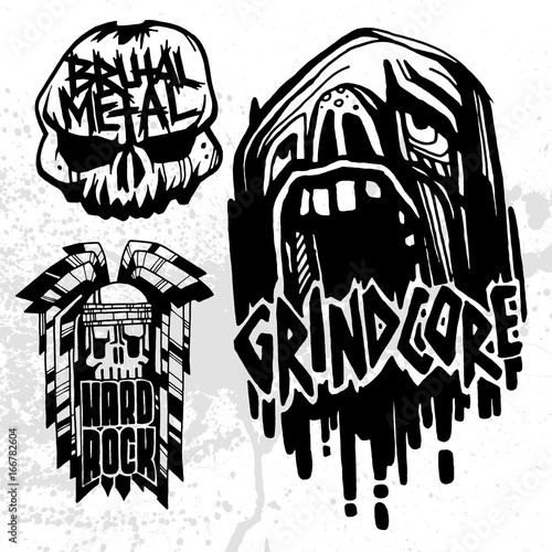 Heavy rock music badge vector vintage labels with punk skull symbols hard sound sticker print emblem illustration