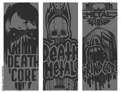 Heavy rock music badge vector vintage brochure with punk skull symbols hard sound cards print emblem illustration