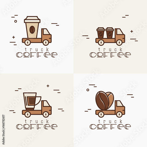 Four logos for street cafe contains coffee truck with thin line icons of coffee cups and beans. Vector illustration.
