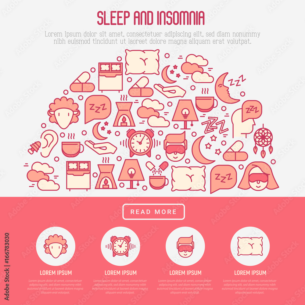 Sleep and insomnia concept in halp circle with thin line icons: man in sleeping mask, comfortable pillow, alarm, aroma lamp, earplugs, sheep. Vector illustration for banner, web page, print media. Sleep and insomnia concept in halp circle with thin line icons: man in sleeping mask, comfortable pillow, alarm, aroma lamp, earplugs, sheep. Vector illustration for banner, web page, print media.
