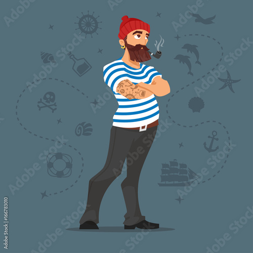 illustration of bearded sailor smoking pipe.