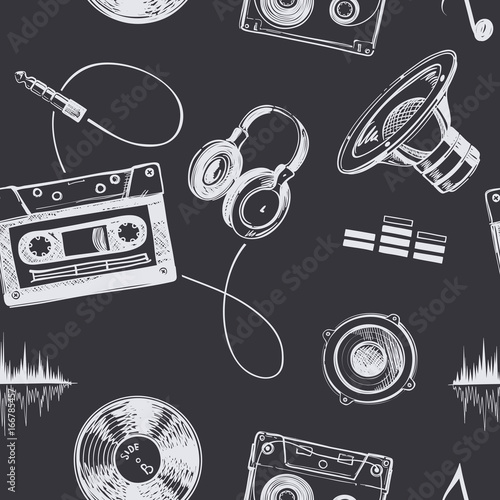 Seamless Pattern with Doodle Music Euipment and Accessories on Black Background 