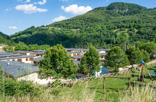 Prefabricated houses built after the earthquake that struck the town of Arquata del Tronto on August 24, 2016, in italy.