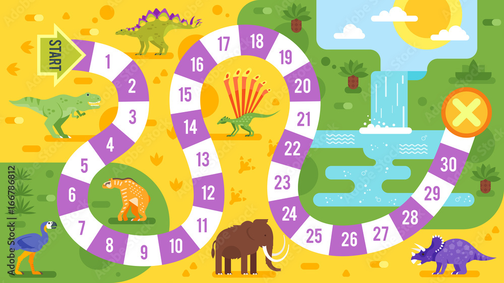 Fototapeta premium kids board game with dinosaurs template.