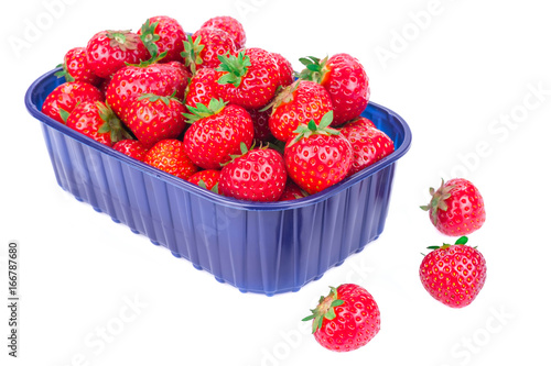 Strawberries in blue plastic box