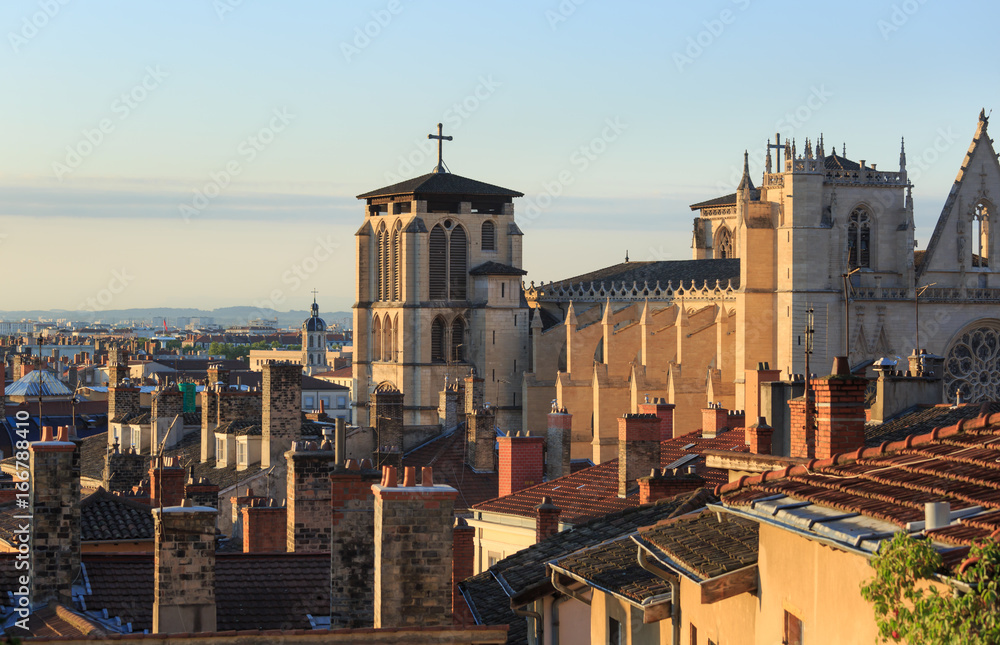 Rooftops, chimneys and cathedral St. Jean Baptiste in Vieux Lyon, the old town of Lyon. France.