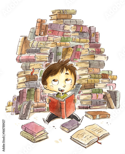 Obraz na płótnie chłopiec siedzi z wieloma książkami